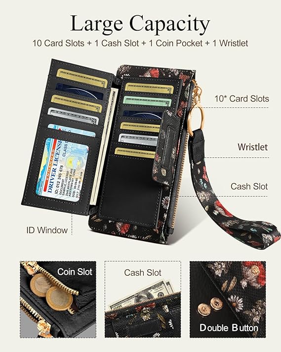 Wristlet Wallets Women - Cute Leather Ladies Teen Girls Credit Card Holder Keychain