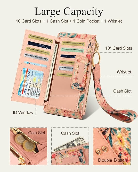 Wristlet Wallets Women - Cute Leather Ladies Teen Girls Credit Card Holder Keychain