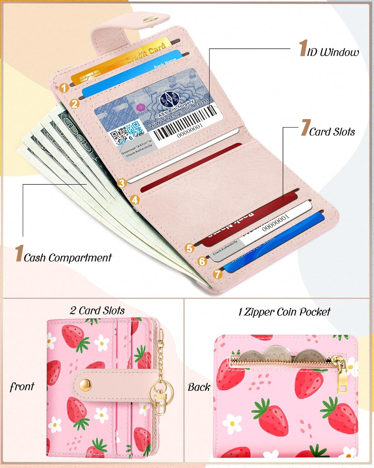 Wallet for Women Cute Bifold Small Card Wallet Rfid with Keychain for Ladies Teen Girls