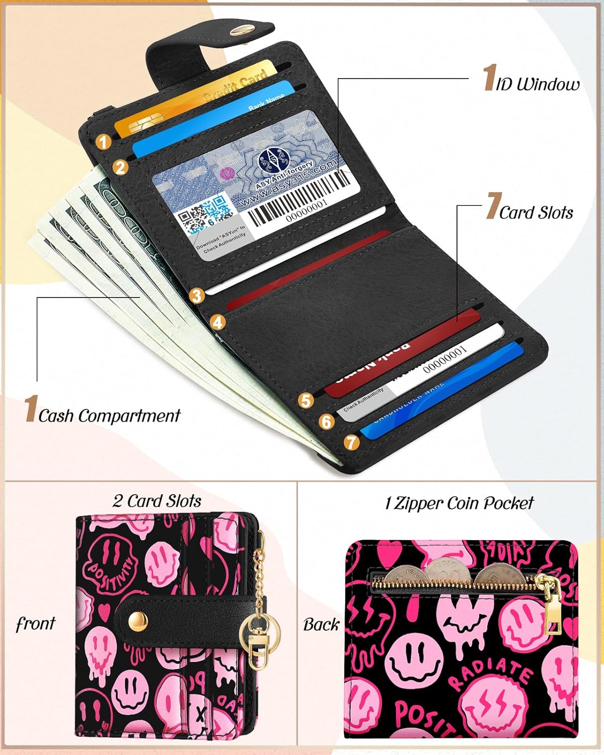 Wallet for Women Cute Bifold Small Card Wallet Rfid with Keychain for Ladies Teen Girls