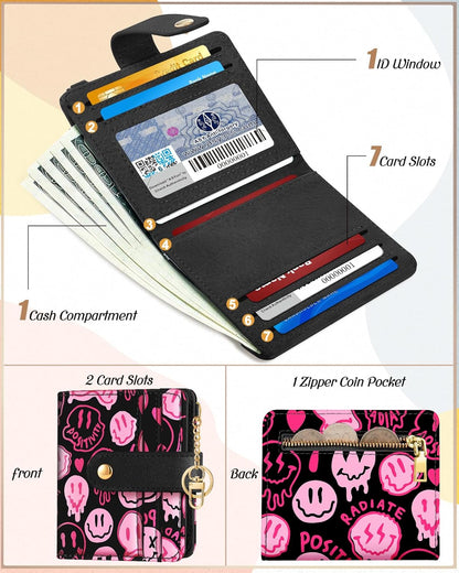 Wallet for Women Cute Bifold Small Card Wallet Rfid with Keychain for Ladies Teen Girls