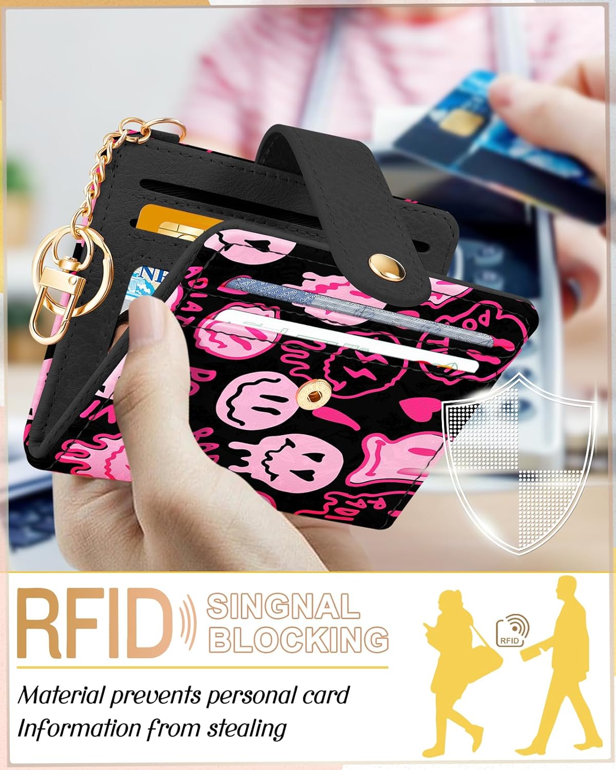 Wallet for Women Cute Bifold Small Card Wallet Rfid with Keychain for Ladies Teen Girls